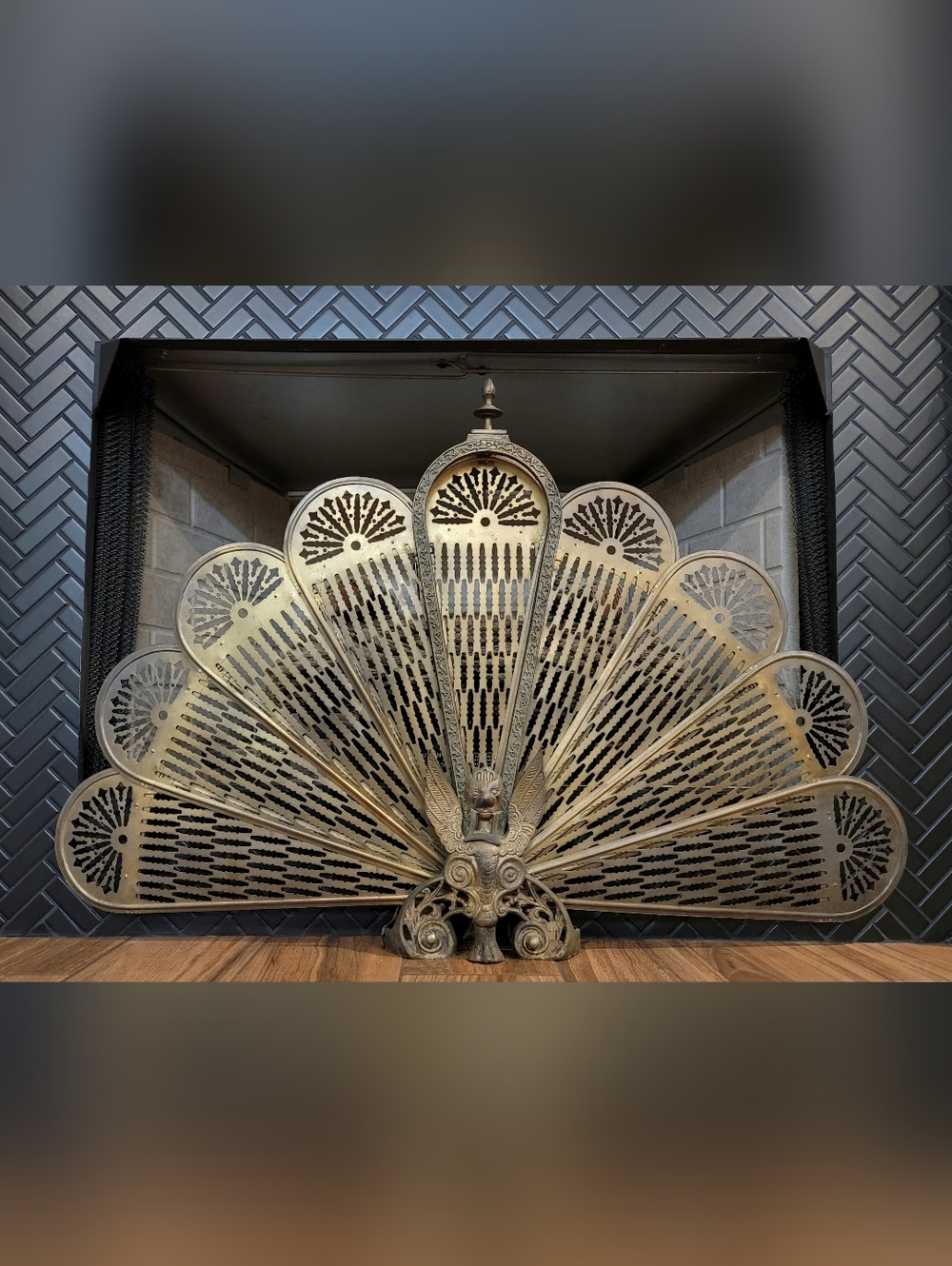 Antique Brass Peacock Fireplace Screen